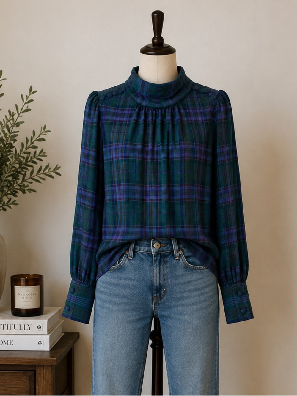 RW&CO. Green and Blue Plaid High-Neck Blouse